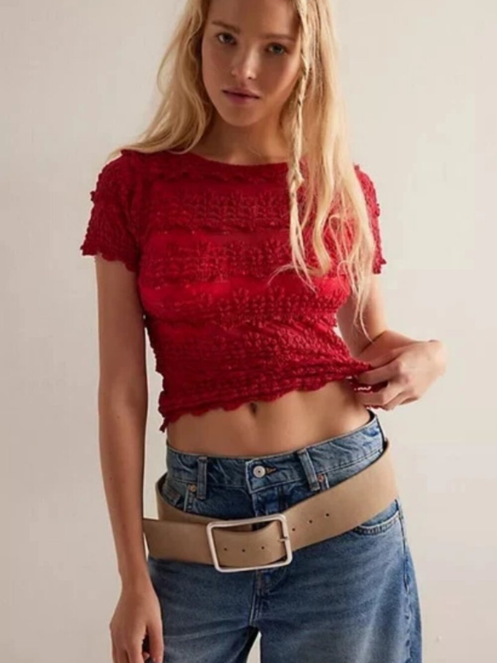 Free People Angelina Lace Tee Fp One Mesh Striped Short Sleeve Blouse Top L - Picture 3 of 3